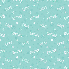 Vector Holiday or Birthday Seamless Pattern with Hand Drawn Doodle Candies and Stars. Festive party background. Holiday Wallpaper