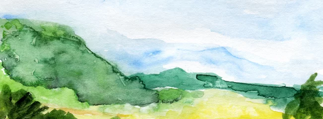 Selbstklebende Fototapeten Olive Hand drawn panoramic european landscape watercolor background.  © ButerusElena