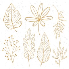 Tropical leaves set. Palm, fan palm, monstera, banana leaves in line style. Sketches of tropical leaves for design.