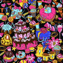 Birthday, Party, Holiday, Treats, Gifts seamless pattern, texture. Bright template for greeting card, banner, packaging design.