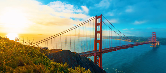 San Francisco's Golden Gate Bridge at sunrise from Marin County