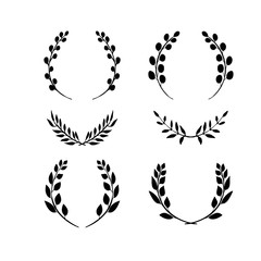 Laurel wreath set. Made of hand drawn greenery, wild flowers and field herbs. Black silhouettes isolated on white. Botanical drawing. Vector illustration.