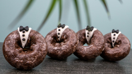 Wedding Donuts Happy Fun White Pearls Wood Blue Flowers Bride Groom HD Plants