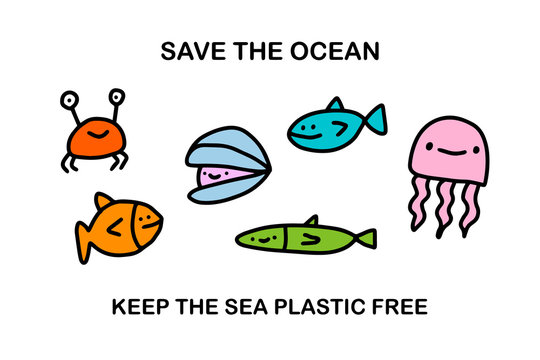 Save the ocean keep sea plastic free hand drawn vector illustration in cartoon comic style