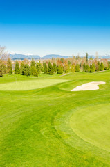 Golf course with gorgeous green and pond.