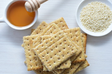 Healthy sesame biscuits (Sesamum indicum) healthy whole grain cereal and honey