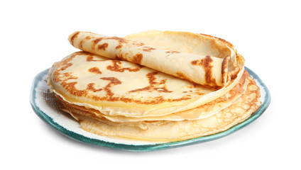 Stack of fresh thin pancakes isolated on white