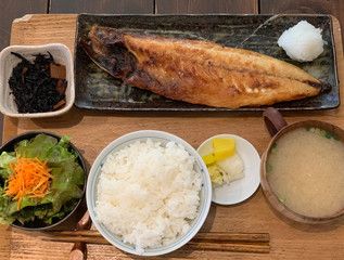 Japanese set lunch, grilled mackerel fish with miso soup.