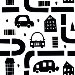 Scandinavian black and white seamless pattern for kids. Vector illustration for boys. Cute little cars.