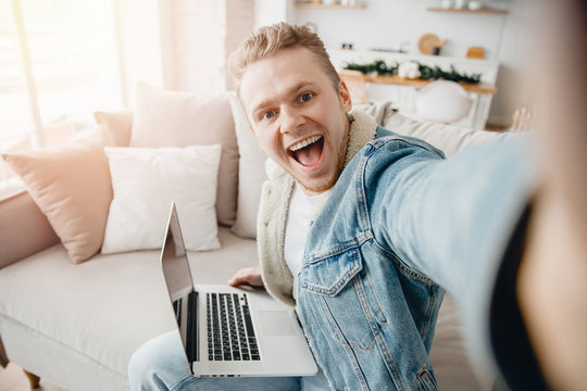 Happy Man Bearded Take Selfie Photo, Smile Freelancer Telework On Laptop Home. Concept Businessman Startup