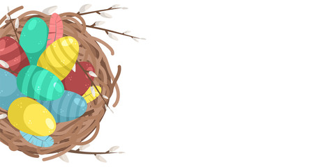 Easter template with space for text. Flat lay background with Easter eggs and willow branches.