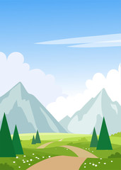 Summer landscape with mountains, trees, road, meadows. Print with spring landscape. Modern natural background. Flat cartoon illustration with place for text