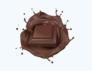 Chocolate pieces falling on hot chocolate and splash,Clipping Path,3d rendering.
