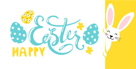 Modern easter banner. Happy Easter wish, decorated eggs, cute bunny. Hand written text. Simple cartoon vector illustration in yellow and blue