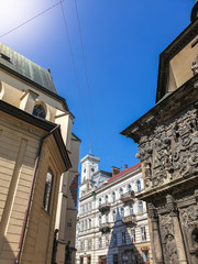 Beautiful image of ancient rooftops of buildings and cathedrals at city of Lviv, Ukraine