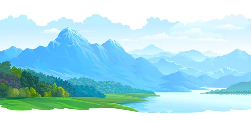 Deurstickers Mistige blauwe bergen langs een bergketen en een rivier die rond de weilanden stroomt © ActiveLines