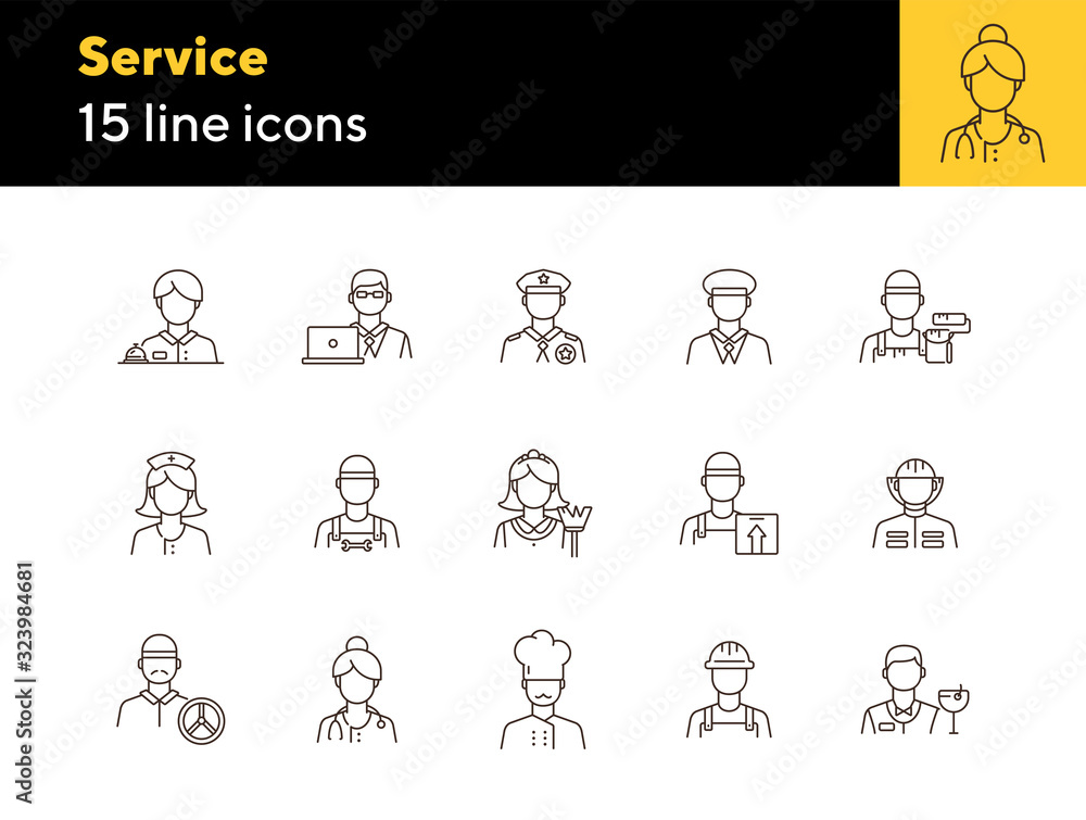 Canvas Prints Service icons. Set of line icons on white background. Doctor, driver, barman. Profession concept. Vector illustration can be used for topics like career, skill, occupation