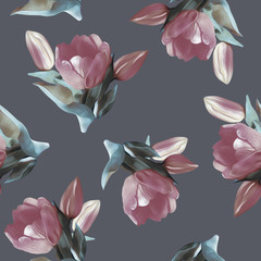 Tulips Seamless Pattern. Watercolor Background.