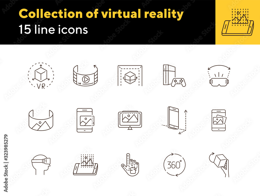 Poster collection of virtual reality icons. cube in hand, robotic hand, 3d modeling. virtual reality concep