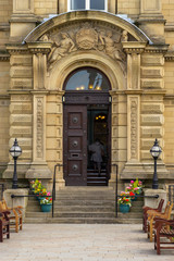 The entrance to Victoria Hall in Saltaire which is one of the central venues in Titus Salt's World Heritage Site model village