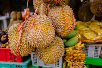 Group of fresh durian fruits in local market