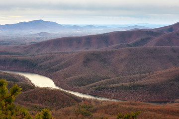 The James River Water Gap in the Blue Ridge mountains near Glasgow, Virginia.  The James is one of the few rivers that cuts through the Blue Ridge.