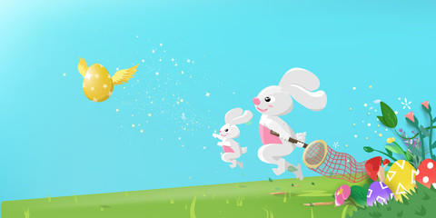 Happy Easter, greeting card, fantasy garden with rabbit and friends cartoon character with egg hunting festive concept, seasonal holiday poster background vector illustration