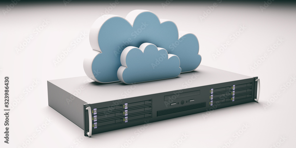 Poster server unit and computer clouding storage on white background. 3d illustration