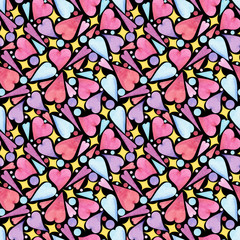 Fototapeta na wymiar Seamless pattern with watercolor hearts on black background for textile, covers, T-shirts, linen and etc
