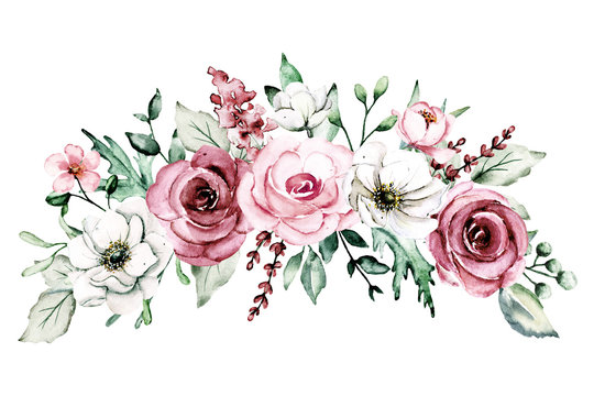 Pink flowers watercolor, floral clip art roses border. Bouquet perfectly for printing design on invitations, cards, wall art and other. Isolated on white background. Hand drawing. 