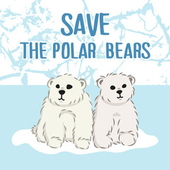 cute furry polar bears on arctic background, cartoon wild animals from Red List, extinction problem, editable vector illustration for decoration, book, banner, poster, print