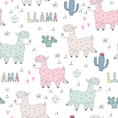 Cute hand drawn seamless pattern lamas. Vector print
