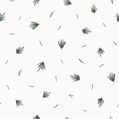 Seamless vector pattern with minimalist evergreen tips and needles in an elegant random placement on a neutral background. Modern winter holiday design great for gift wrap, tissue paper, paper goods.