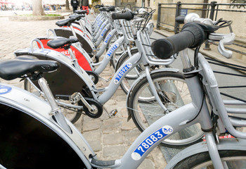 Closeup image bicycle rent parking on the old town aquare