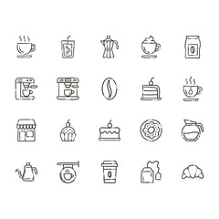 Coffee shop doodle vector icons. Cafe hand drawn pictograms.