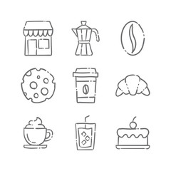 Coffee shop doodle vector icons. Cafe hand drawn pictograms.