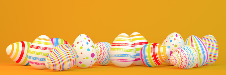 3d Illustation - Frohe Ostern - 13 farbenfrohe, bemalte Ostereier auf orangen Hintergrund - Textfreiraum - Oster