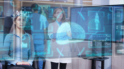 Female scietist looking at virtual hologram interface in front of her eyes