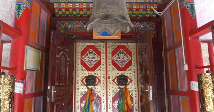 Beautiful painting interior in Tibetan Buddhist monastery Arou Da Temple in Qinghai China.