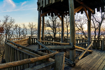 wooden rustic view tower tree house next to Lake Balaton in Hungary