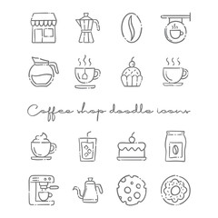 Coffee shop doodle vector icons. Cafe hand drawn pictograms.