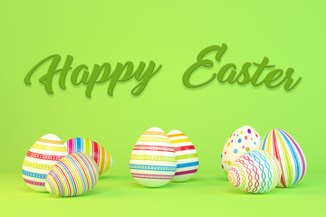 3d render - colorful easter eggs on a green background