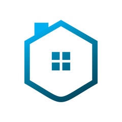 blue color line hexagon real estate housing logo design