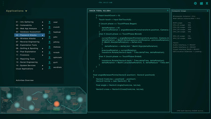 Hacker screen with multiple windows displaying code strings - obrazy, fototapety, plakaty