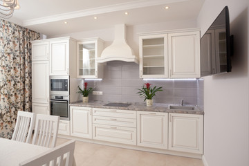 empty minimalistic interior background, kitchen in modern apartment with table, curtain, chairs, equipment and flowers on table