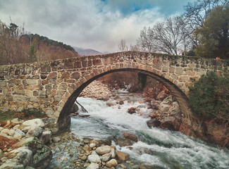 Aerial view of the El Parral bridge in Jarandilla de la Vera. SpainAerial view of the Roman bridge El Parral in Jarandilla de la Vera. Spain