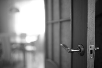 Door end with chrome handle in the room. BW photo