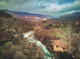Aerial view of the Sierra de Gredos in the region of La Vera. Spain