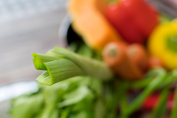 close up leek on fresh vegetables background
