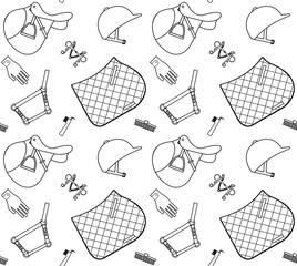 Vector seamless pattern of flat black outline horse riding sport equipment isolated on white background
